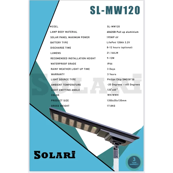 Solar Street Lamp All in One 120watt merk Solari 